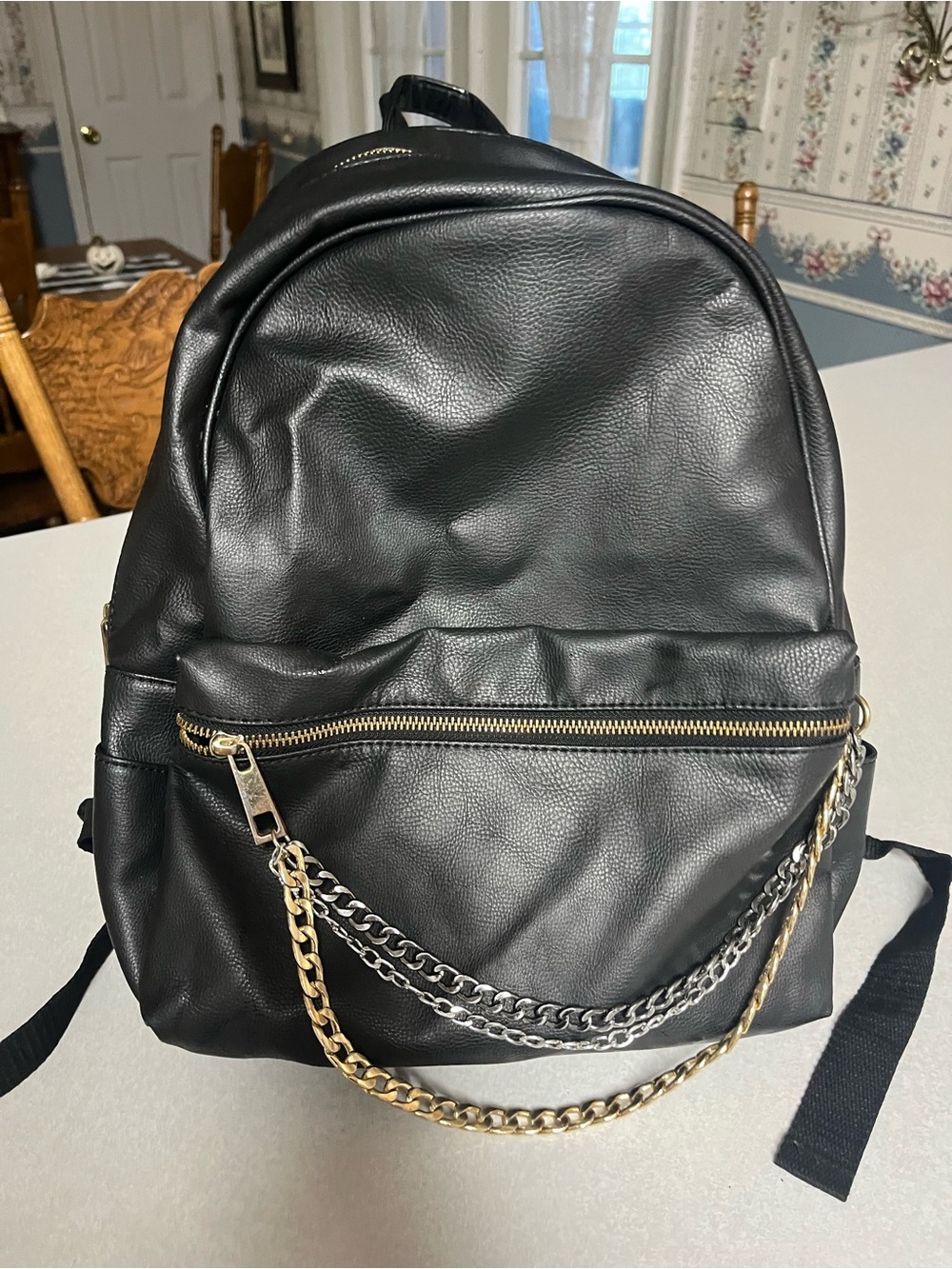 Saks Fifth Avenue Black Faux Leather Backpack with Gold & Silver Chains